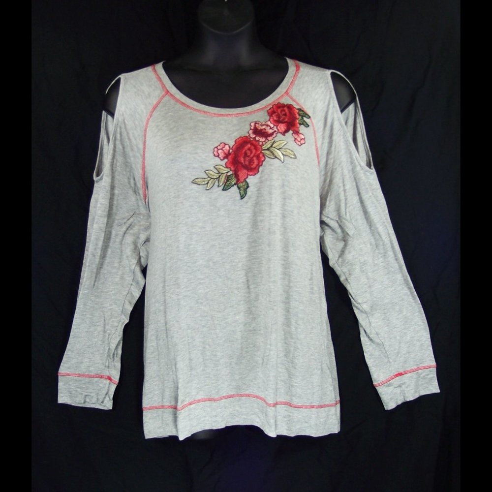 NEW Bobeau 3X Top Rose Applique Cold Shoulder Long Sleeves Heather Gray NWT